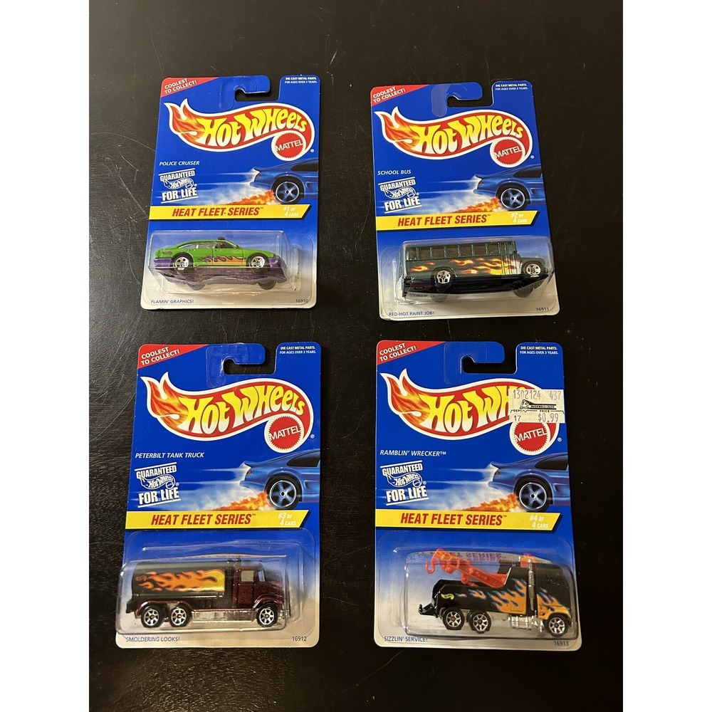 Hot Wheels Heat Fleet Series Set Peterbilt/School Bus/Police Cruiser/Wrecker